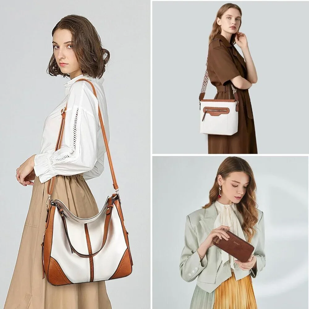 Women’s Light Brown 3PCS PU Leather Purses Set Crossbody Wallet & Hobo Tote Bag - Picture 2 of 8